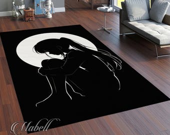 Anime Girl Silhouette Rug | Black White Rug | Minimalist Washable Non-Slip Rug | Kids Room Decor | Print Home Area Rug