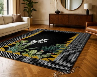 Botanical Cactus Tropical Nonslip Rug Modern Black Geometric Carpet Home Decor Living Room Rug Kitchen Floor Mat Washable