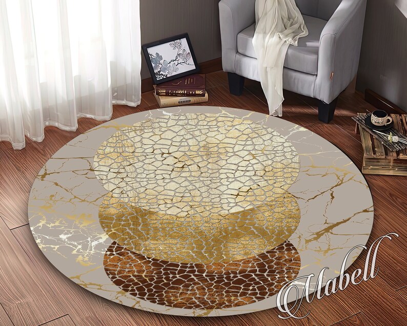 Stone Rug, Mosaic Stones on Marble Pattern Nonslip Area Rug, Round Rug ...