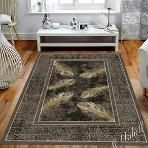 Feather Rug, Mosaic Border Feather Themed Nonslip Area Rug, Mosaic Border Rug for Living Room, Chic Floor Mat, Brown Modern Runner Rug image 2