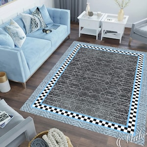Checkered Rug, Blue Check Border on Gray Pattern Nonslip Area Rug, Blue Gray Rug for Living Room, Chic Floor Mat, Modern Runner Rug
