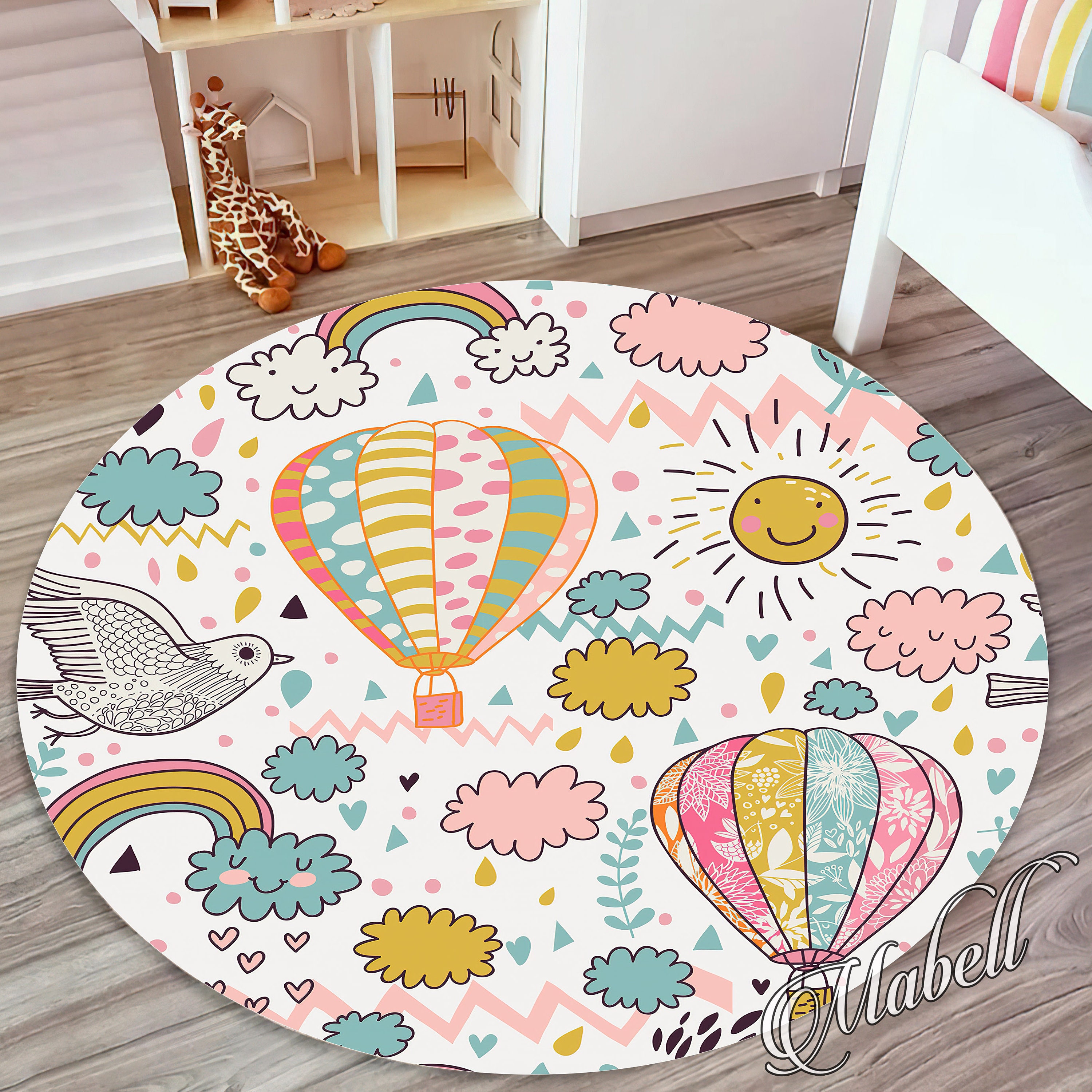 Balloon Nursery Round Rug, Air Balloon Bird Rainbow Themed Nonslip Area ...