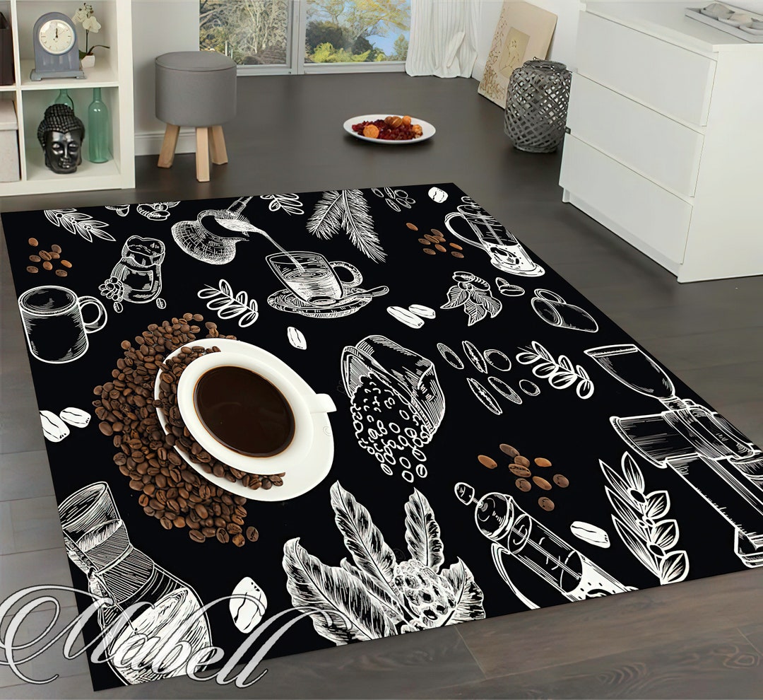 Coffee Kitchen Rug, Coffee Bean Cup Themed Nonslip Area Rug, Kitchen