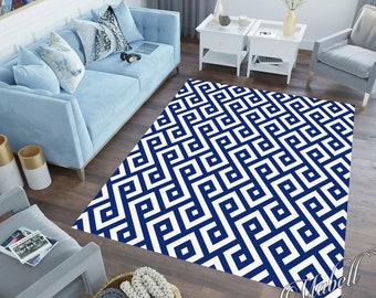 Porcelain Indigo Blue Rug, White Square Ethnic Rug, Geometric Nonslip Area Rug, Blue and White Rug for Living Room, Decorative Rugs