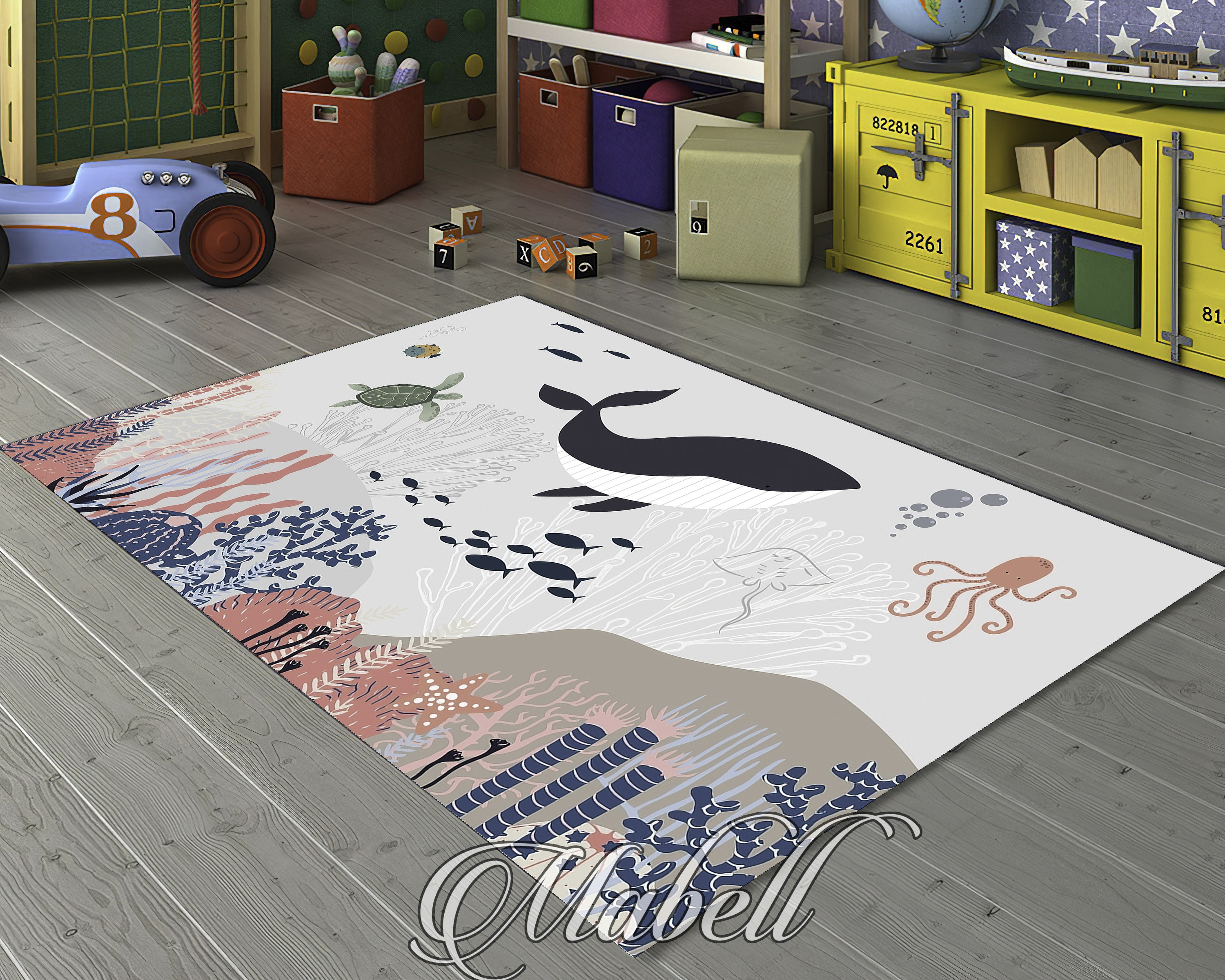 Whale Nursery Rug, Sea World Whale Themed Nonslip Area Rug, Cute Whale