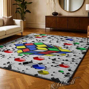 Tappeto antiscivolo geometrico con cubo di Rubik, tappeto per cameretta dei bambini, tappeto lavabile con design colorato a cubo di Rubik, arredamento per la casa