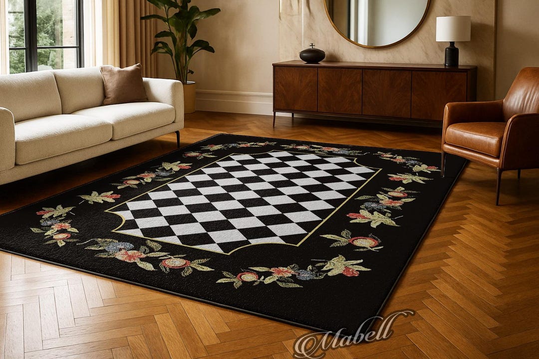 Checkered Chess Board Pattern Nonslip Area Rug Black White Floral ...