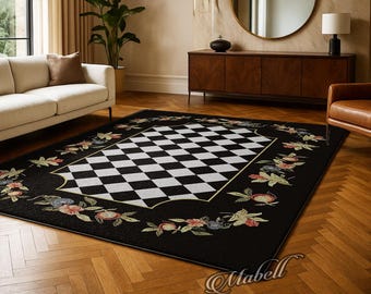 Checkered Chess Board Pattern Nonslip Area Rug Black White Floral Embroidery Carpet Border Floor Mat Classic Design