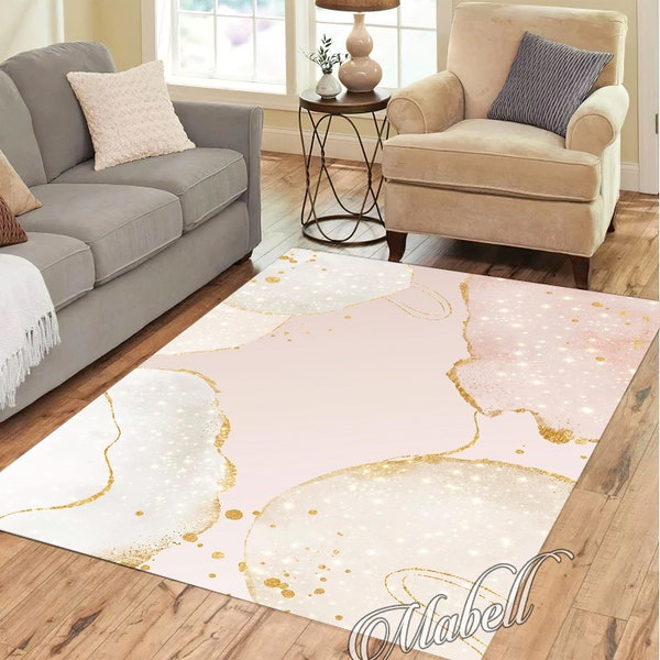 Gold Rug, Gold Pink Color Stripes Themed Nonslip Area Rug, Luxury Polka Dot Design Rug for Living Room, Chic Floor Mat, Modern Runner Rug