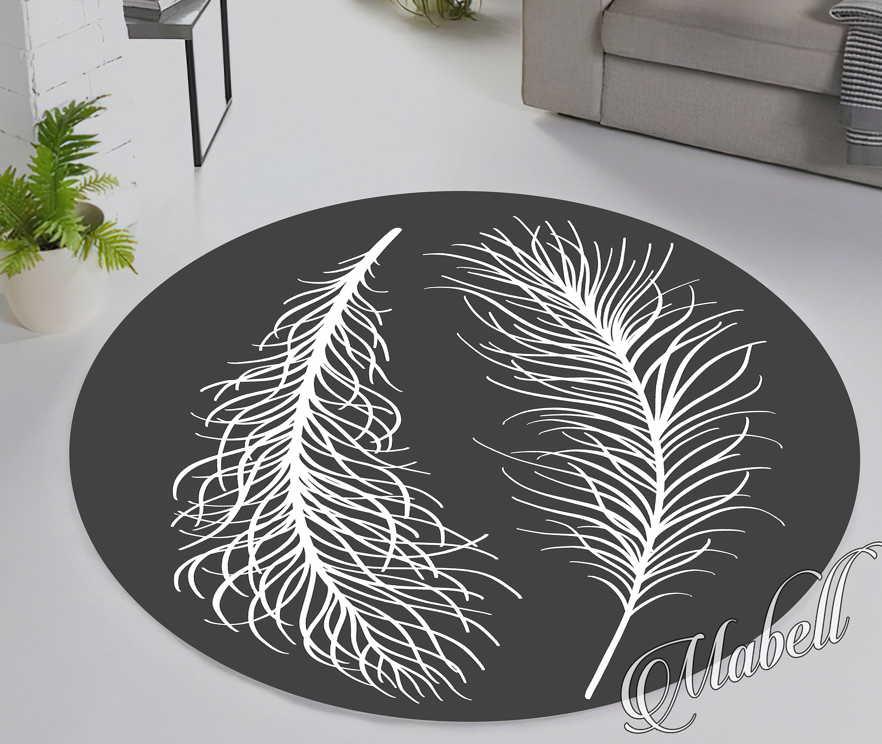 Feathered Rug Feather Rug, Gray Feather Themed Round Nonslip Area Rug, Onedraw Circle ...
