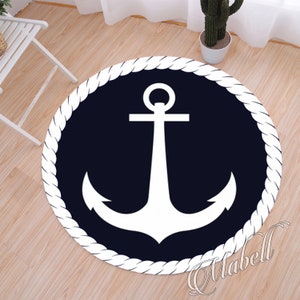 Anchor Round Rug, Nautical Themed Round Nonslip Area Rug, Blue White Circle Rug, Beach House Print Rug, Sailor Floor Mat, Minimalist Rug