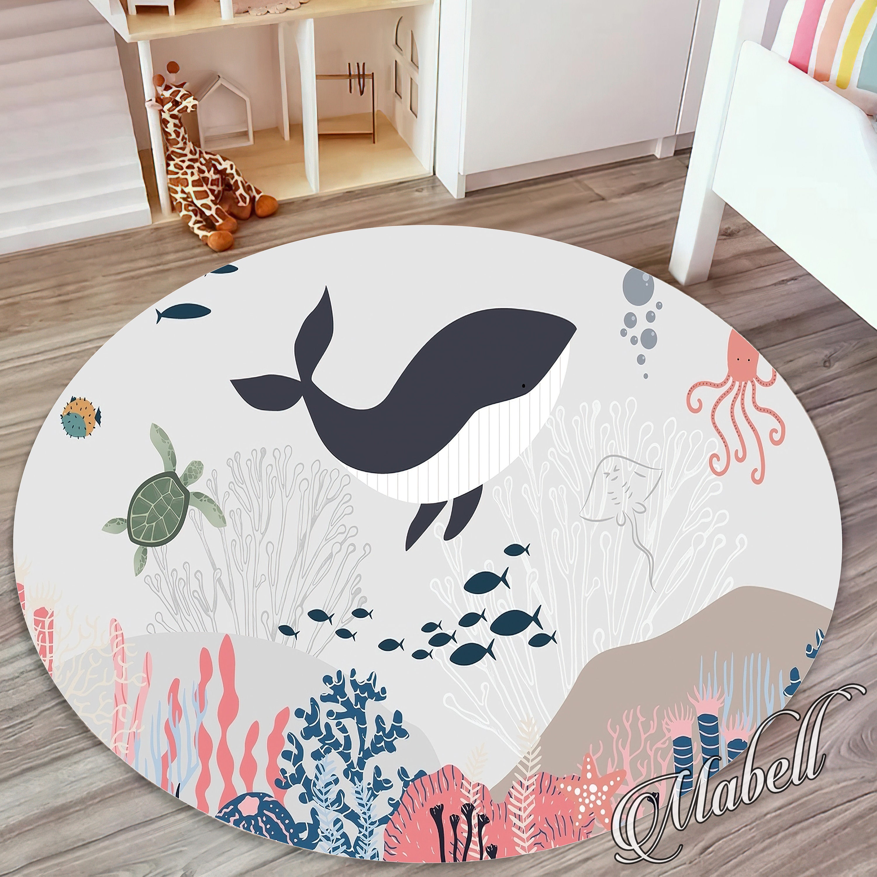 Whale Nursery Rug, Sea World Whale Themed Nonslip Area Rug, Cute Whale