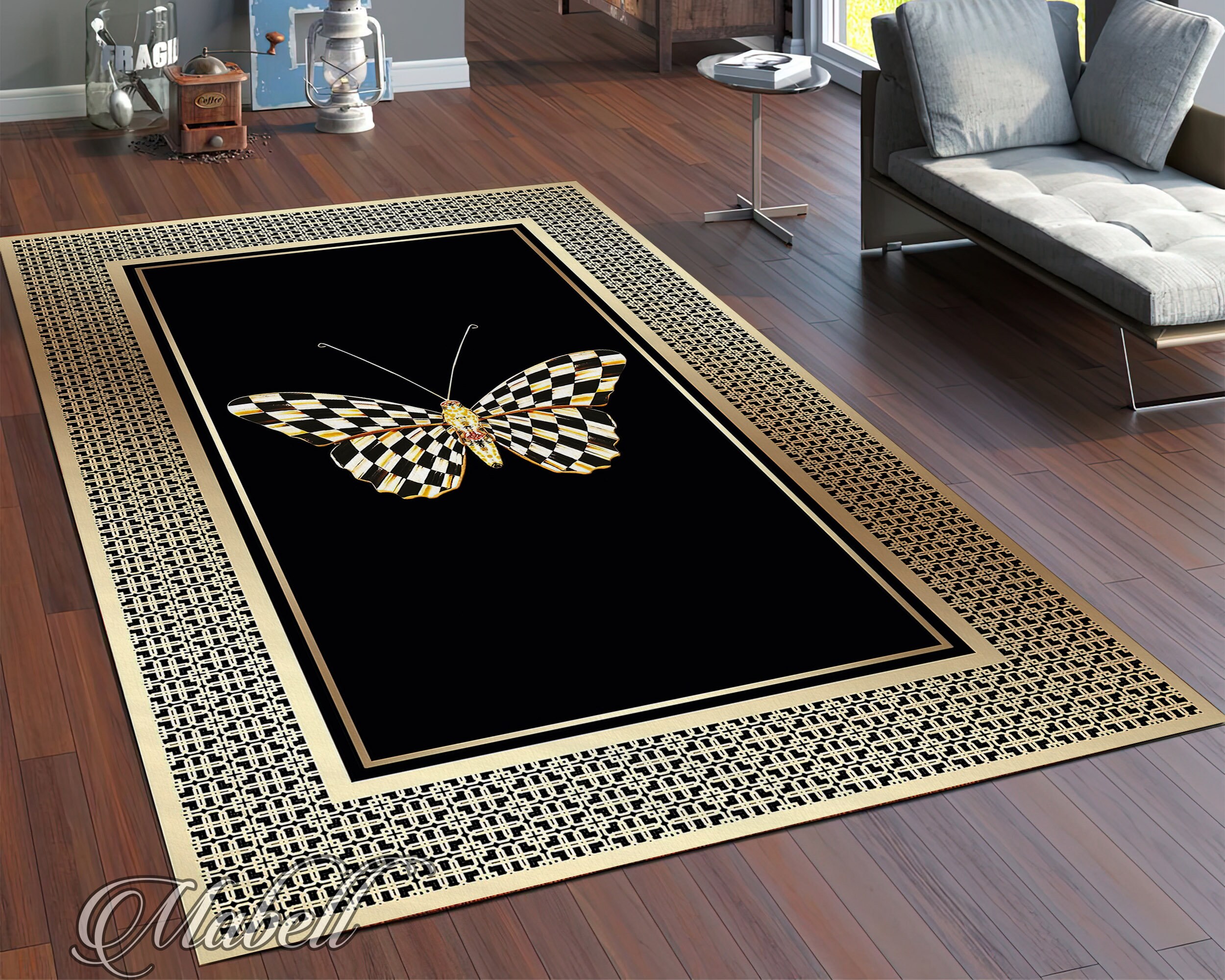 Yellow Butterfly Print Round Rug main image 1