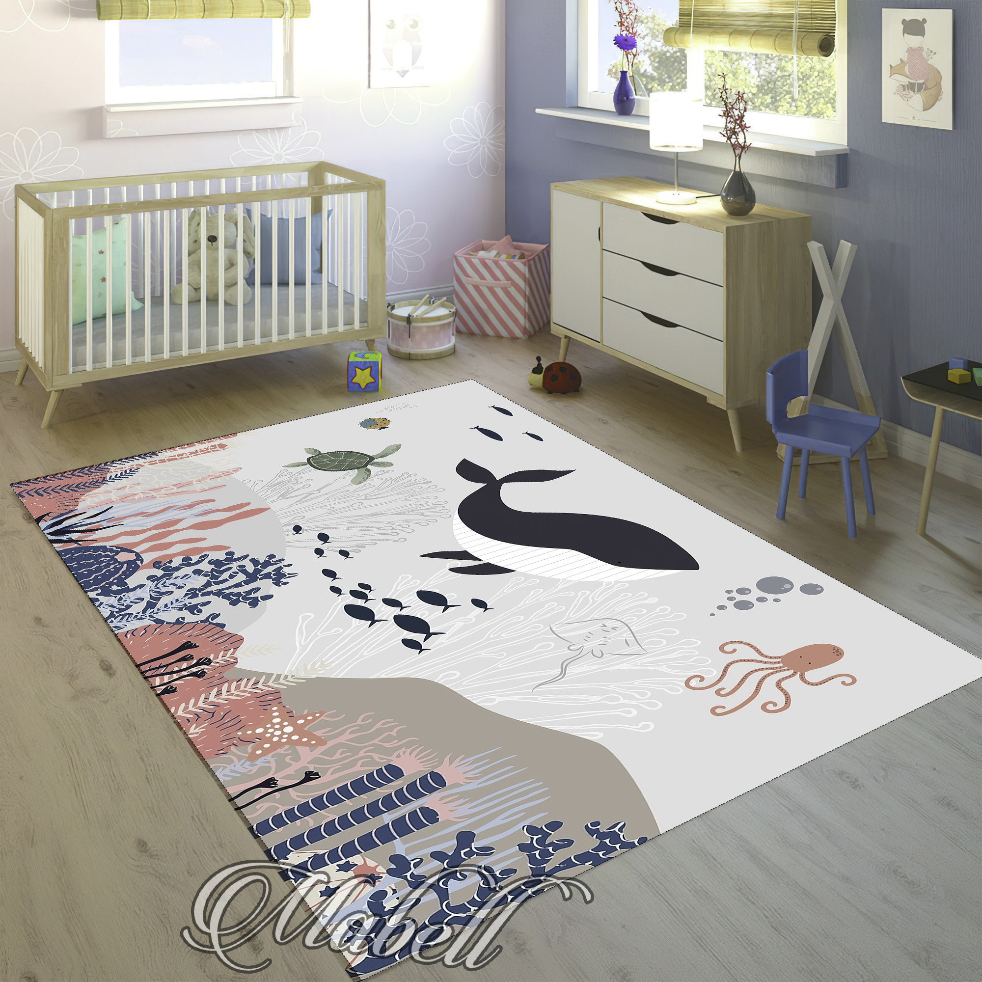 Whale Nursery Rug, Sea World Whale Themed Nonslip Area Rug, Cute Whale