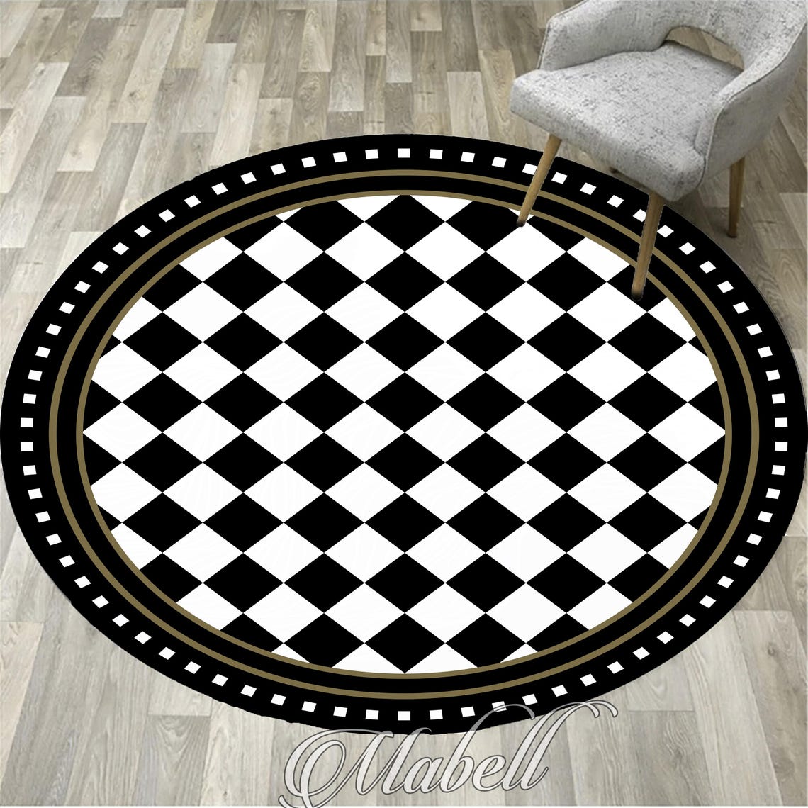 Checkered Round Rug, Black Border on Check Pattern Nonslip Area Rug ...