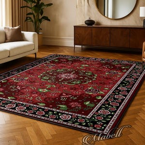 Persische Rose Floral rutschfester Bereich Teppich Rot Grün Traditioneller Teppich Romantische Wohnkultur Wohnzimmer Teppich Bodenmatte Waschbar