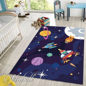 Alfombra de fondo espacial, Alfombra galaxy de dibujos animados, Alfombra de astronauta, Alfombra de habitación para niños, Regalo para niños, Para amantes del espacio de la ciencia, Decoración de habitaciones para niños