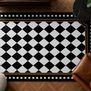 Zwart wit geruit loper vloerkleed met gouden rand modern geometrisch wasbaar antisliptapijt voor woonkamer hal