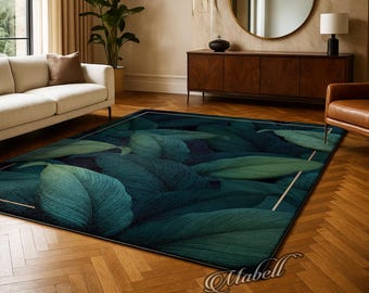 Tropical Leaf Botanical Nonslip Area Rug Modern Plant Gold Border Carpet Home Decor Kitchen Runner Rug Mat Dark Green Nature Floor Design