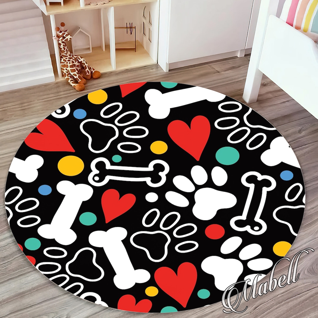 Paw Nursery Round Rug, Paw Heart Bones Themed Nonslip Area Rug, Black ...