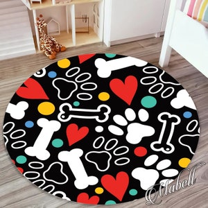 Paw Nursery Round Rug, Paw Heart Bones Themed Nonslip Area Rug, Black Rug for Room, Playmat Kids, Toddler Rug, Baby Floor Rugs, Playroom Rug