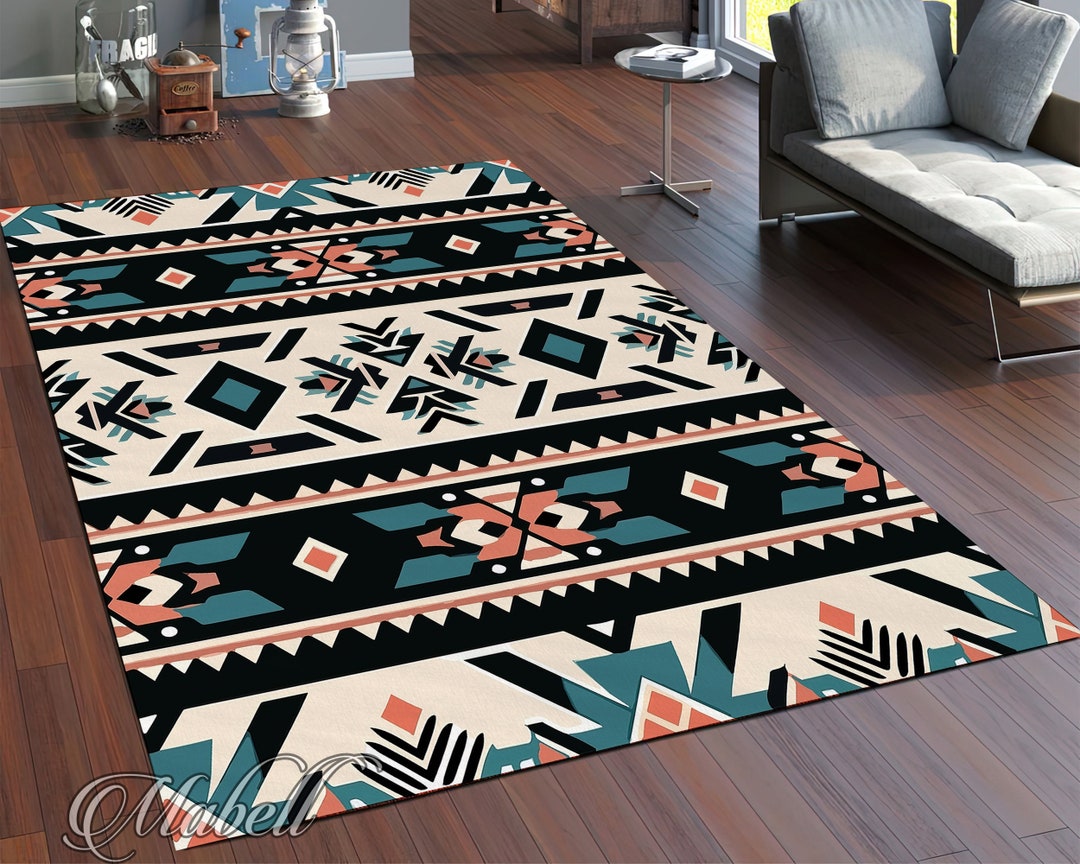 Aztec Rug, Southwestern Ethnic Themed Nonslip Area Rug, Green and Beige ...