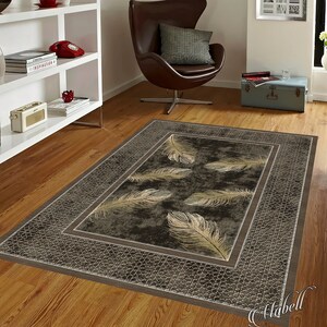 Feather Rug, Mosaic Border Feather Themed Nonslip Area Rug, Mosaic Border Rug for Living Room, Chic Floor Mat, Brown Modern Runner Rug image 5