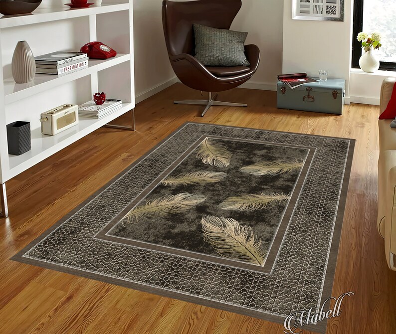 Feather Rug, Mosaic Border Feather Themed Nonslip Area Rug, Mosaic Border Rug for Living Room, Chic Floor Mat, Brown Modern Runner Rug image 5