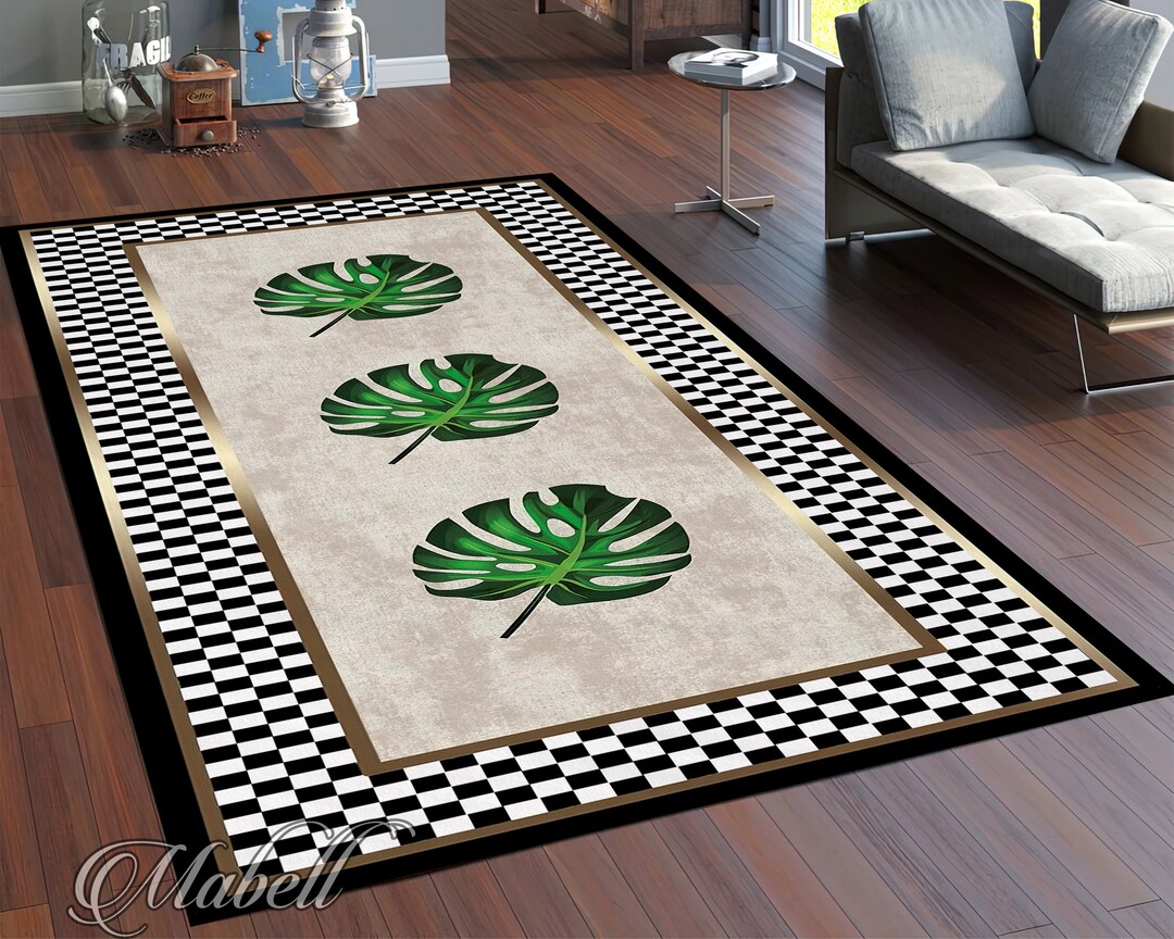 Checkered Leaf Rug, Gold Border on Check Pattern Nonslip Area Rug ...