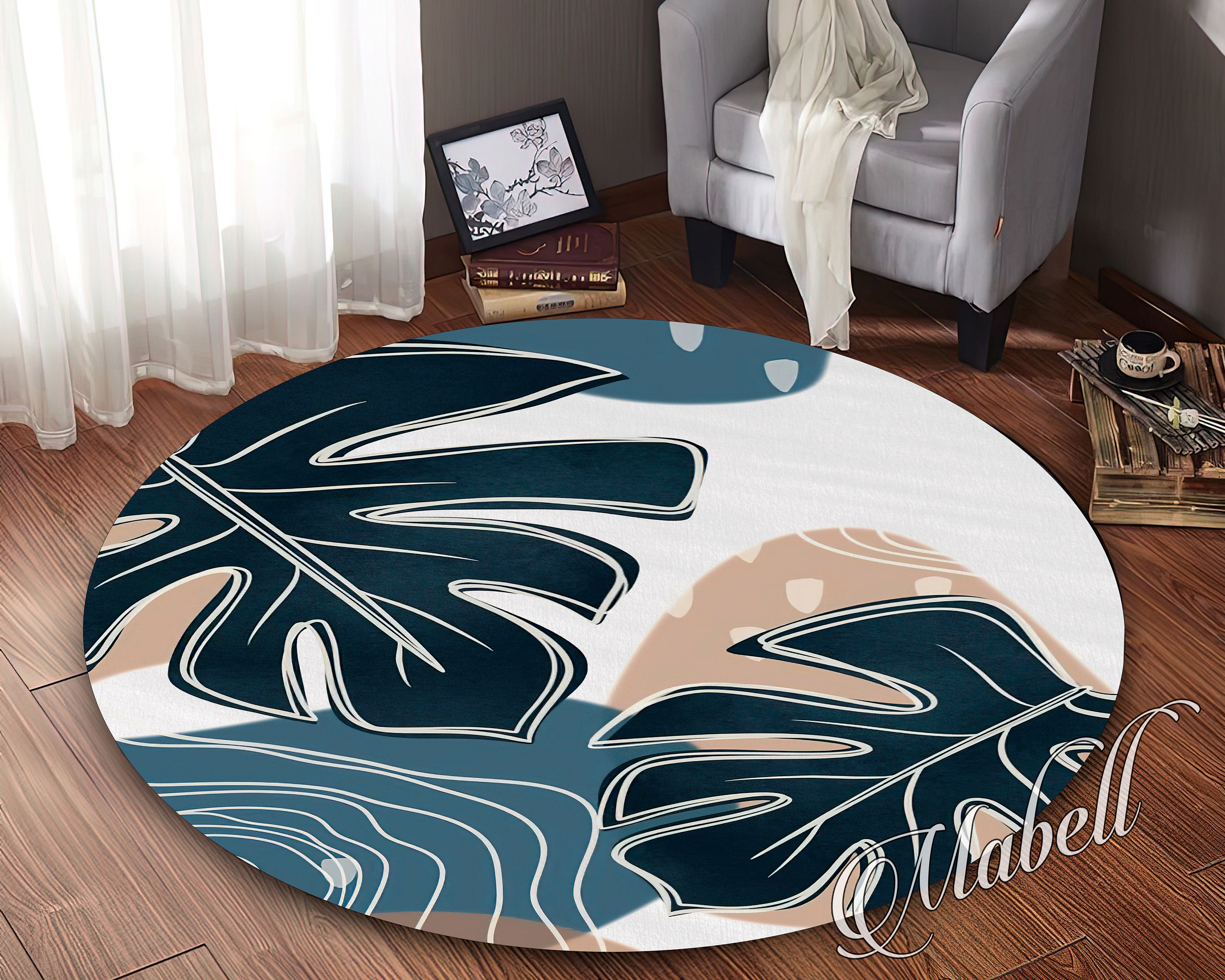 Leaf Plant Rug, Plant Leaf Themed Boho Round Nonslip Area Rug, Onedraw ...