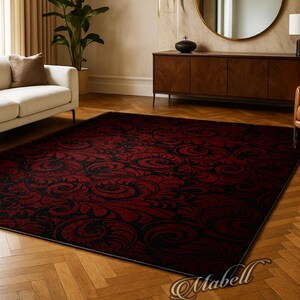 Dark Red Black Baroque Leaf Nonslip Area Rug Ornate Scrollwork Pattern Carpet Living Room Decor Gothic Washable Contemporary Home Design