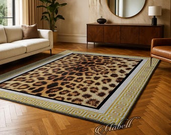 Leopard Print Rug Nonslip Area Rug Animal Print Carpet Greek Key Border Living Room Bedroom rug Safari Home Decor Contemporary Mat