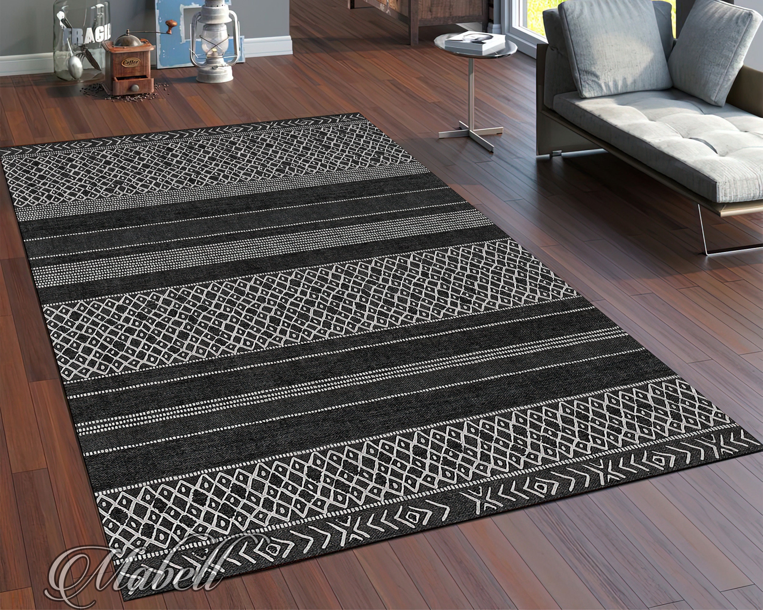 Rust Black Aztec Rug Aztec Rug, Ethnic Decorative Themed Nonslip Area Rug, Black and White ...