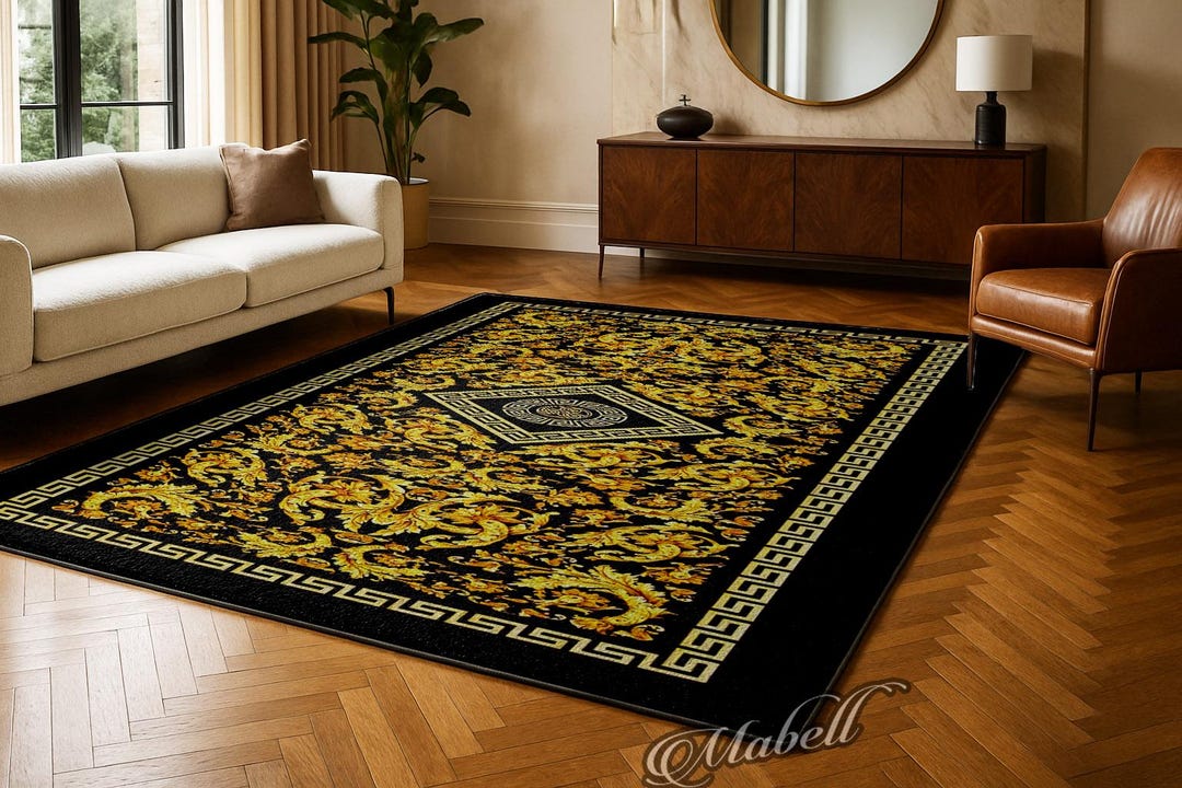 Luxury Baroque Style Nonslip Area Rug Gold Black Greek Key Border ...