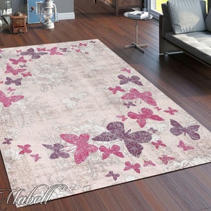 Butterfly Rug, Floral Butterflies Pattern Nonslip Area Rug, Colorful Round Rug for Living Room, Chic Floor Mat, Modern Runner Rug
