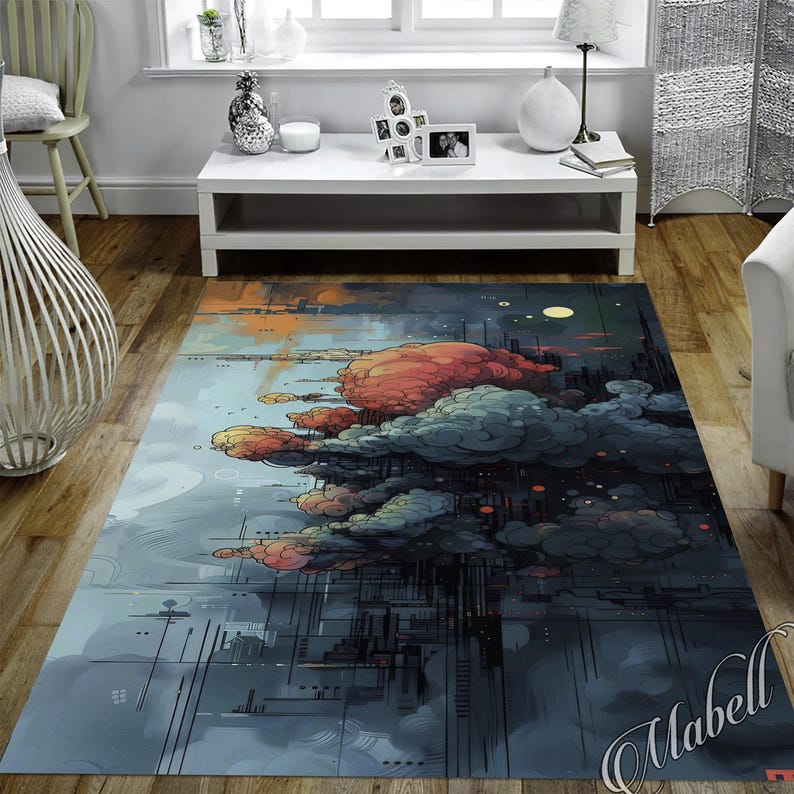 Cyberpunk City Rug | Futuristic Clouds Washable Non-slip Rug | Sci-fi ...