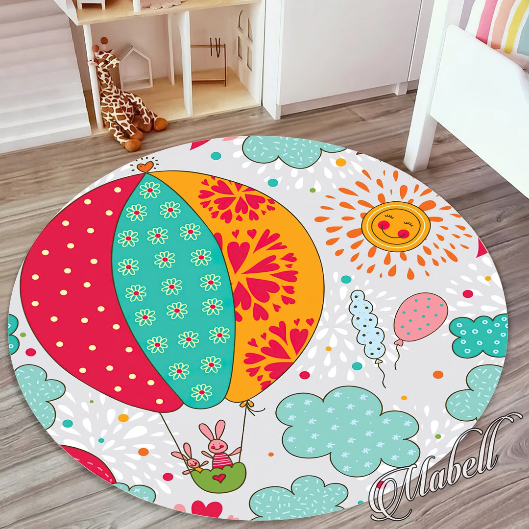 Balloon Nursery Round Rug, Air Balloon Sun Clouds Themed Nonslip Area ...
