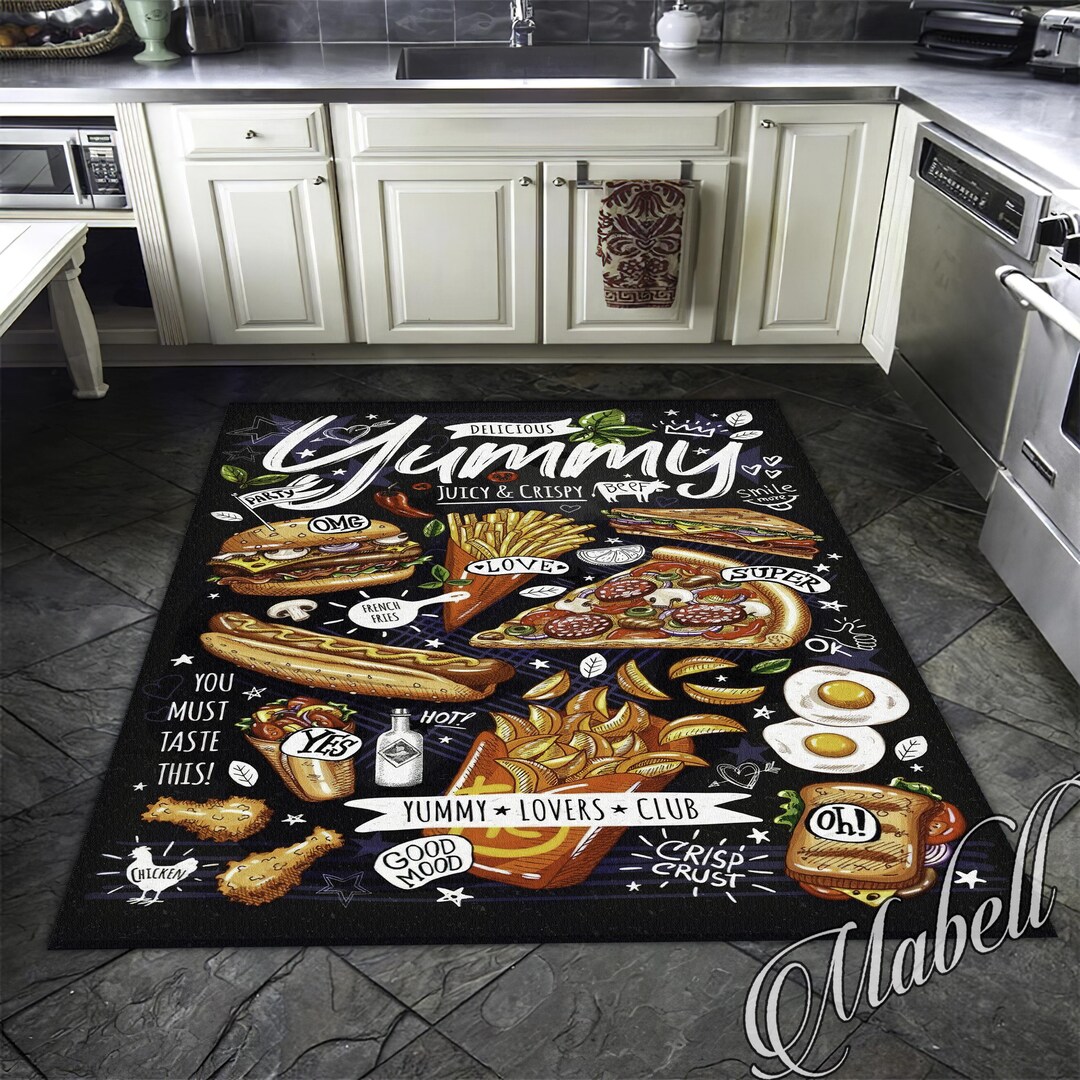 Fast Foods Rug, Yummy Fast Foods Themed Nonslip Area Rug, Kitchen Floor ...