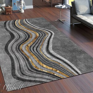 Abstract Rug, Gold Black White Stripes Pattern Nonslip Area Rug, Lux Gray Rug for Living Room, Chic Floor Mat, Colorful Modern Runner Rug