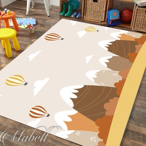 Cartoon Rug for Kids Room Rug Balloon Mountain Landscape Rug Themed Nonslip Area Rug Kids Room Decor Gift Rug Colorful Christmas Gift