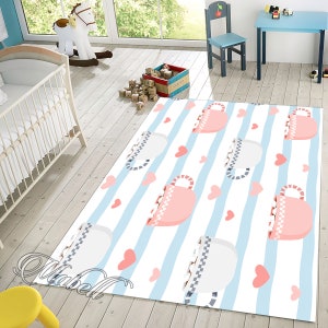 Cartoon Rug for Kids Room Rug Chocolate Mugs Hearts Rug Themed Nonslip Area Rug Blue Stripes Rug Kids Room Decor Rug White Christmas Gift
