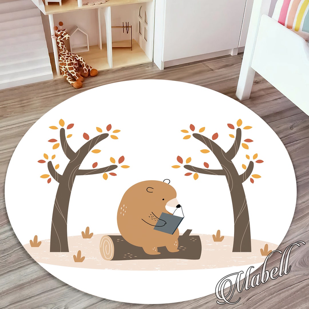 Bear Nursery Round Rug, Reading Book Bearthemed Nonslip Area Rug ...
