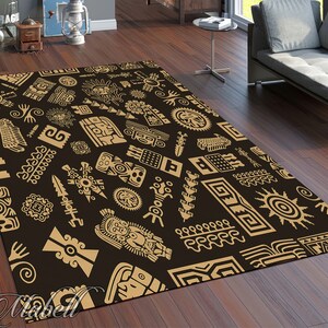 Mayan Rug Patterns Maya Rug, Ancient Maya Design Concept Nonslip Area Rug, Black and Gold ...
