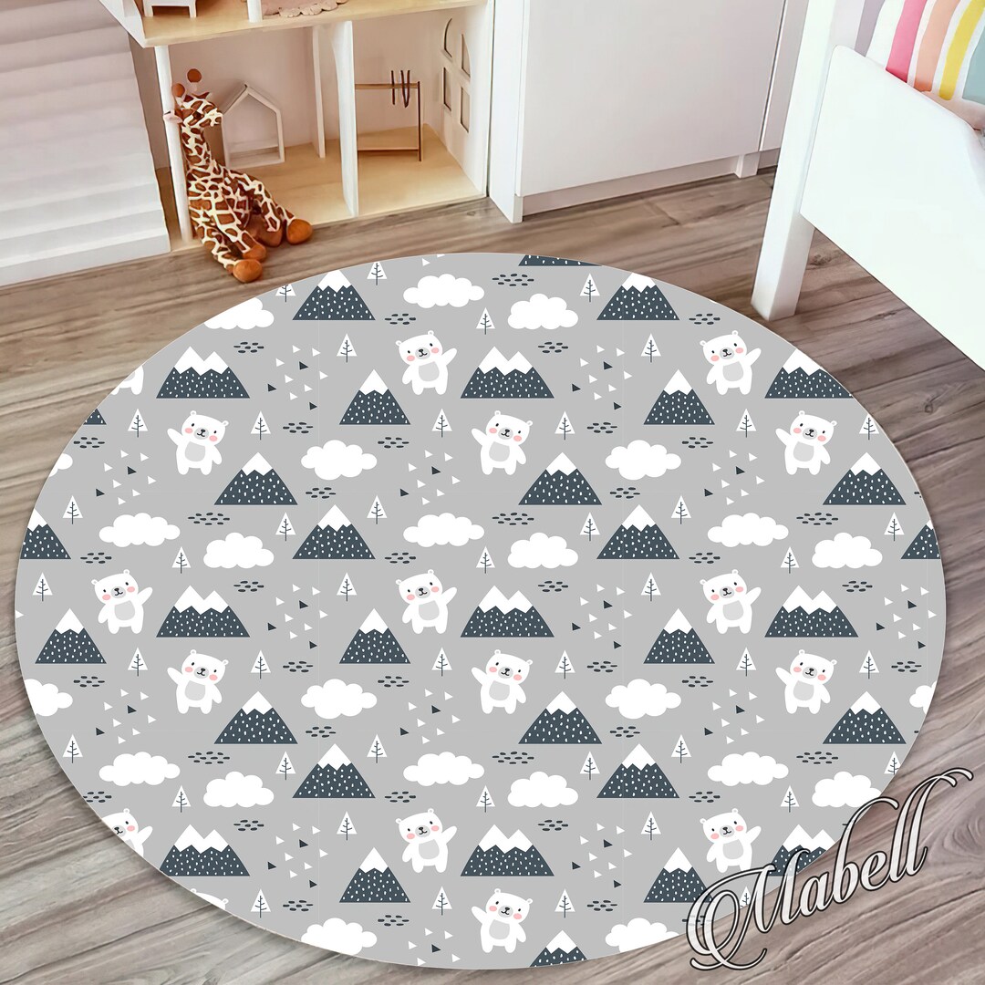 Bear Nursery Round Rug, Dancing Bearthemed Nonslip Area Rug, Animal ...