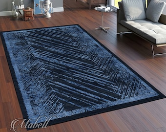 Abstract Rug, Blue Striped Aging Style Pattern Nonslip Area Rug, Dark Blue Border Rug for Living Room, Chic Floor Mat, Modern Runner Rug