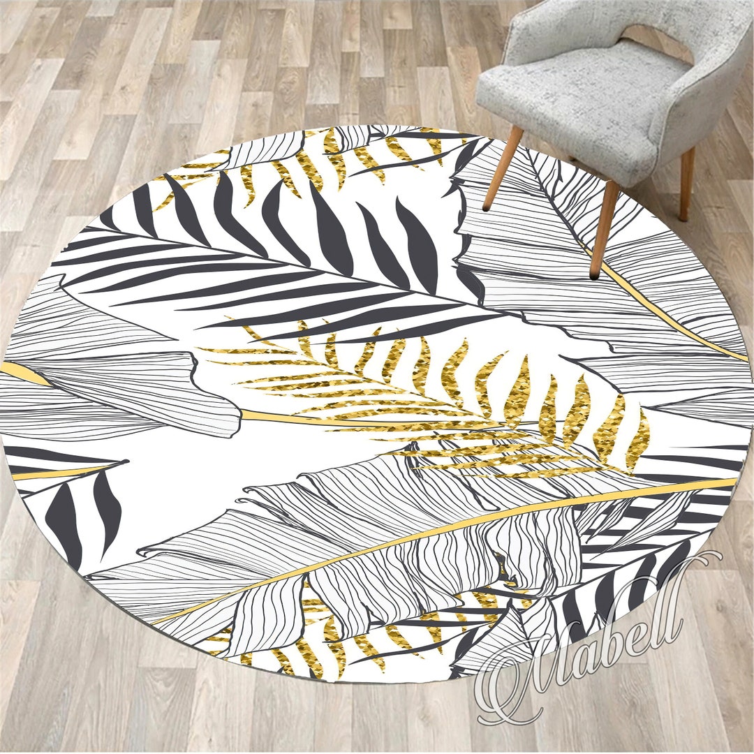 Leaf Plant Rug, Gold Leaf Themed Boho Round Nonslip Area Rug, Onedraw ...