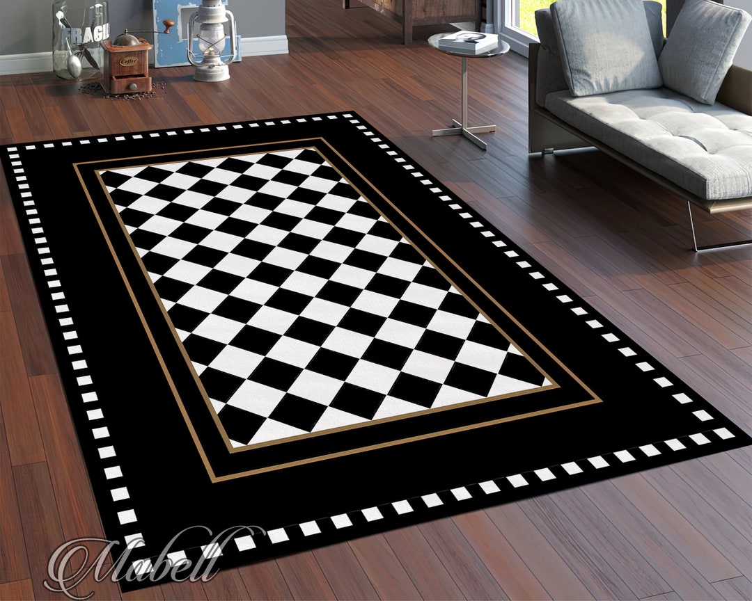 Checkered Rug, Black Border on Check Pattern Nonslip Area Rug, Black