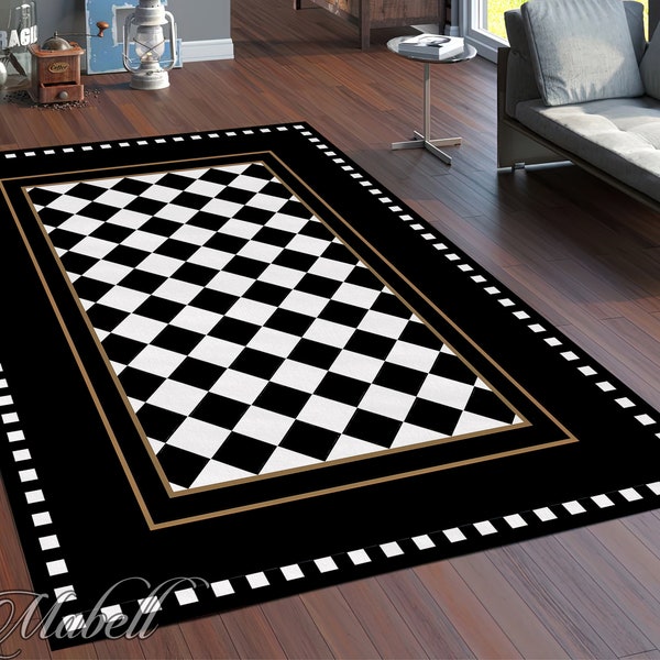 Checkered Rug, Black Border on Check Pattern Nonslip Area Rug, Black and White Rug for Living Room, Chic Floor Mat, Modern Runner Rug