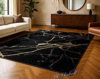 Black Gold Marble Rug Nonslip Area Rug Luxury Abstract Carpet Modern Living Room Bedroom Rug Elegant Home Decor Contemporary Floor Mat