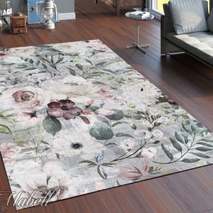 Flowers Rug, Aging Pattern on Flowers Theme Nonslip Area Rug, Floral Rug for Living Room, Chic Floor Mat, Plant Modern Runner Rug